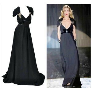Vintage Gucci Black Dress Gown with Patent Leather Belt and Crystals IT 42, US 6